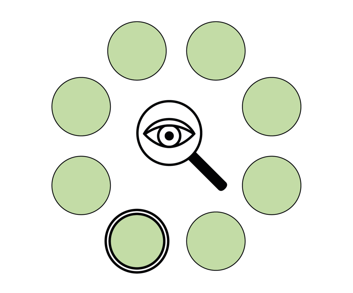 Lupe mit Auge umrandet von 8 Kreisen in grün Markierung  unten links